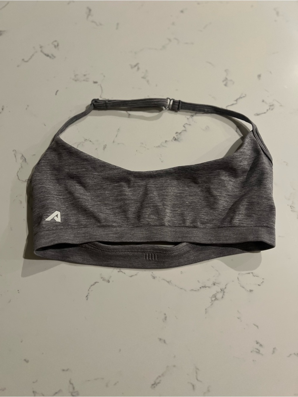 Alphalete Gray Halter Marled Sports Bra with Logo Print